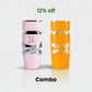 Two Yara Latifa perfume bottles shown together as a combo offer on a light gray background, with green '12% off' text at the top and black 'Combo' text at the bottom. One bottle is light pink with silver accents, and the other is bright orange with gold accents.