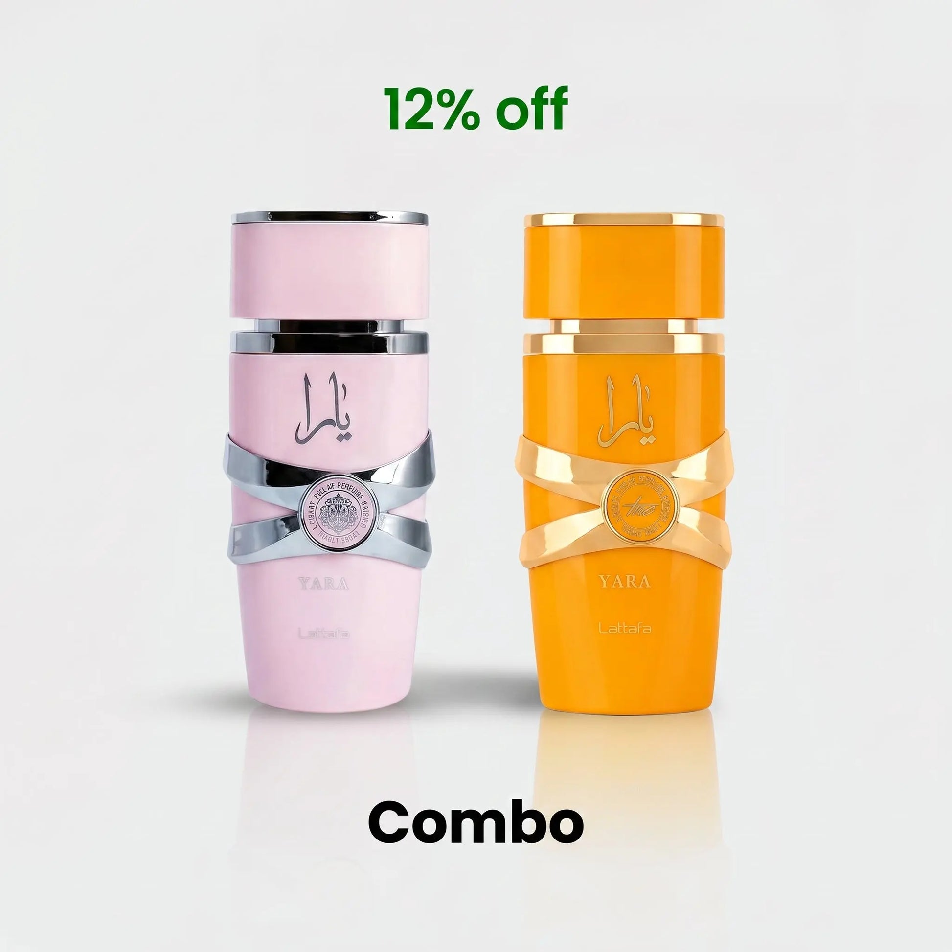Two Yara Latifa perfume bottles shown together as a combo offer on a light gray background, with green '12% off' text at the top and black 'Combo' text at the bottom. One bottle is light pink with silver accents, and the other is bright orange with gold accents.