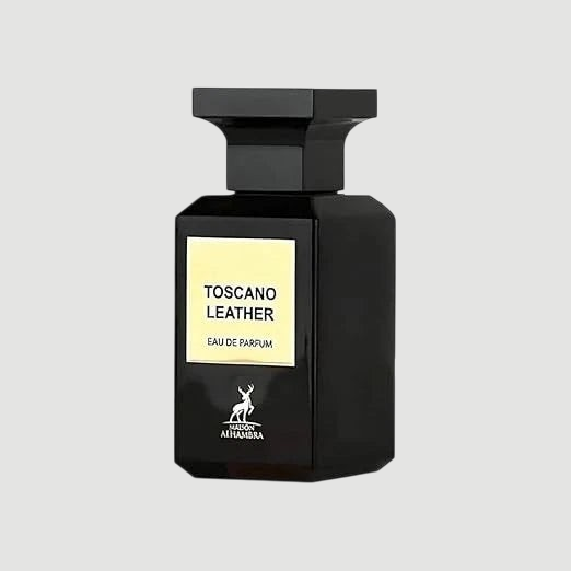 D'La Moda Toscano Leather Eau De Perfume bottle with elegant black cap, 100ml long-lasting leather fragrance for women and men